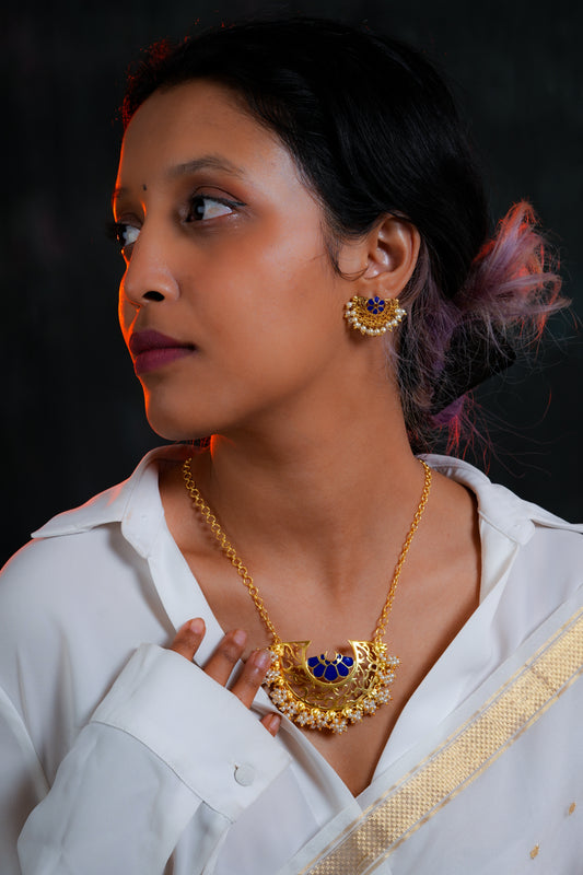 Mogra Necklace with Marigold Studs (Blue)