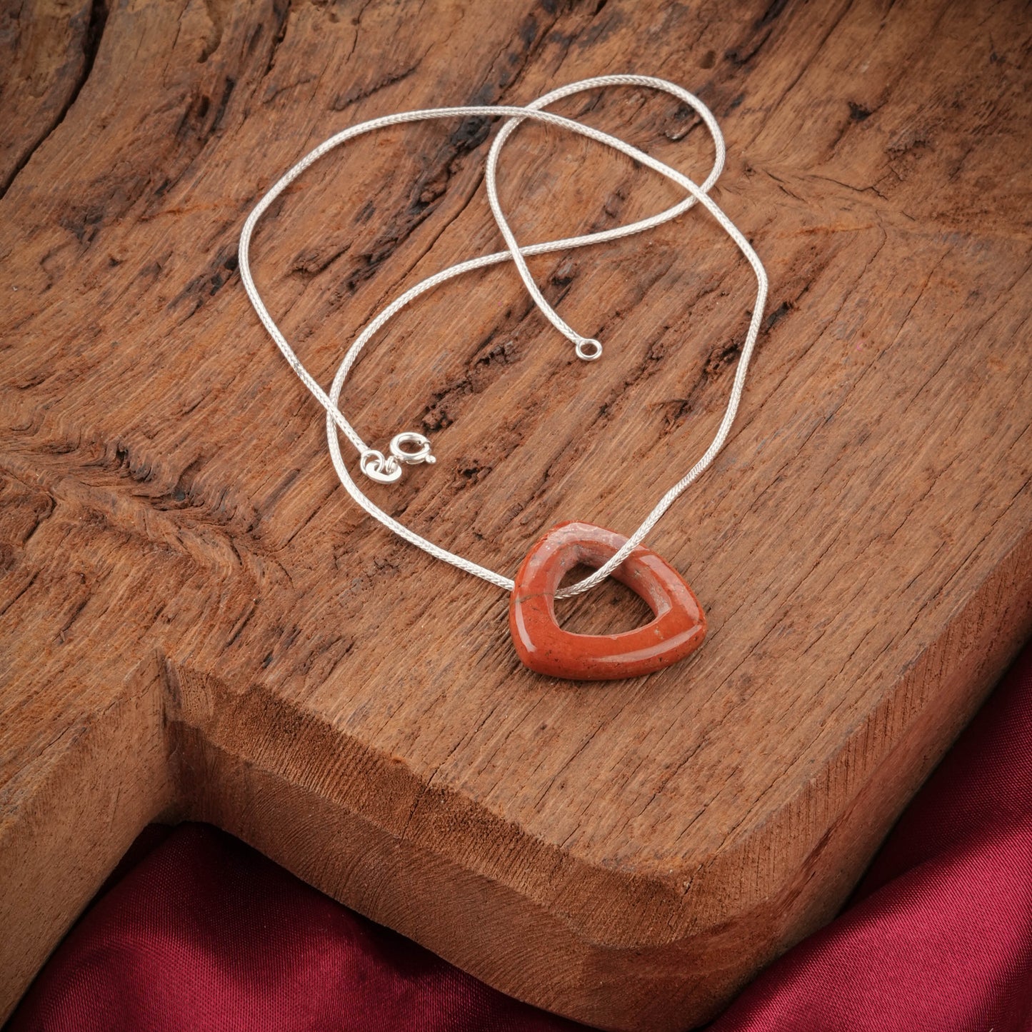 Carved Natural Red Jasper Triangle Silver Necklace