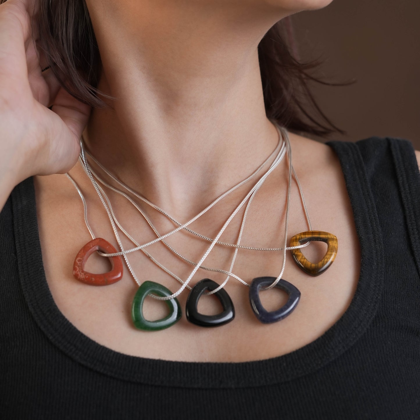Carved Lapis Lazuli Triangle Silver Necklace