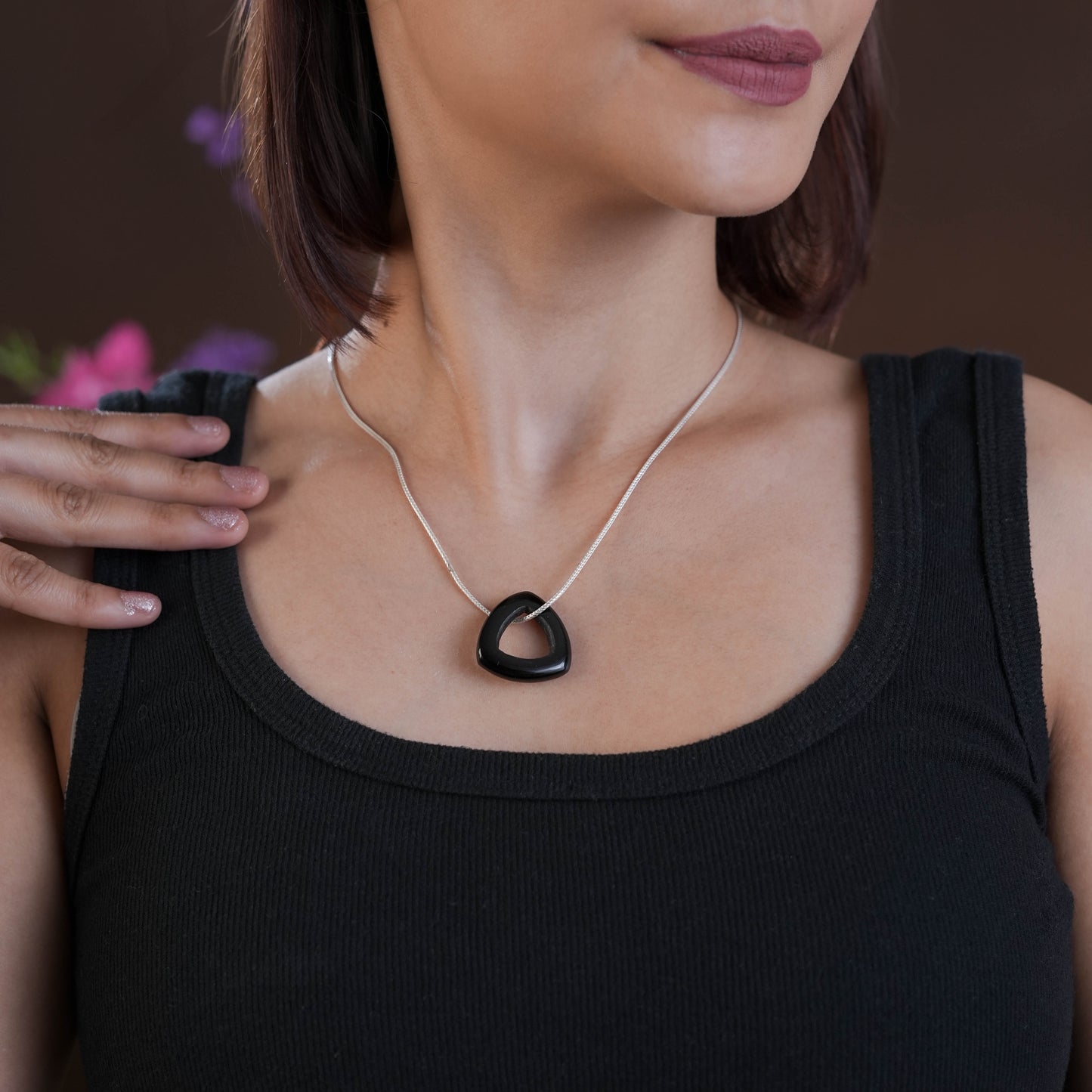Natural Black Onyx Mystic Triangle Pendant Necklace