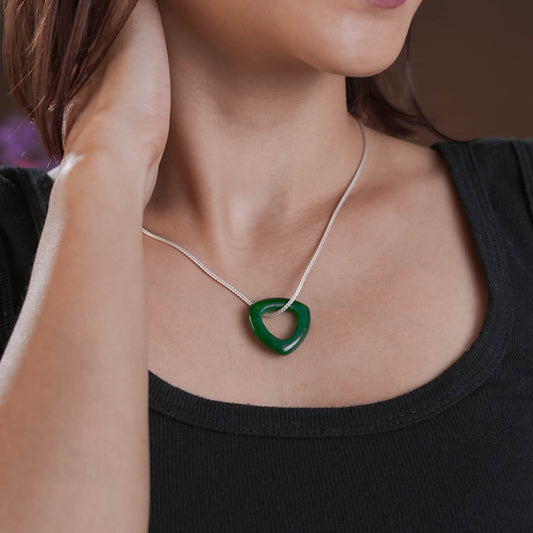 Carved Natural Green Onyx  Triangle Silver Necklace