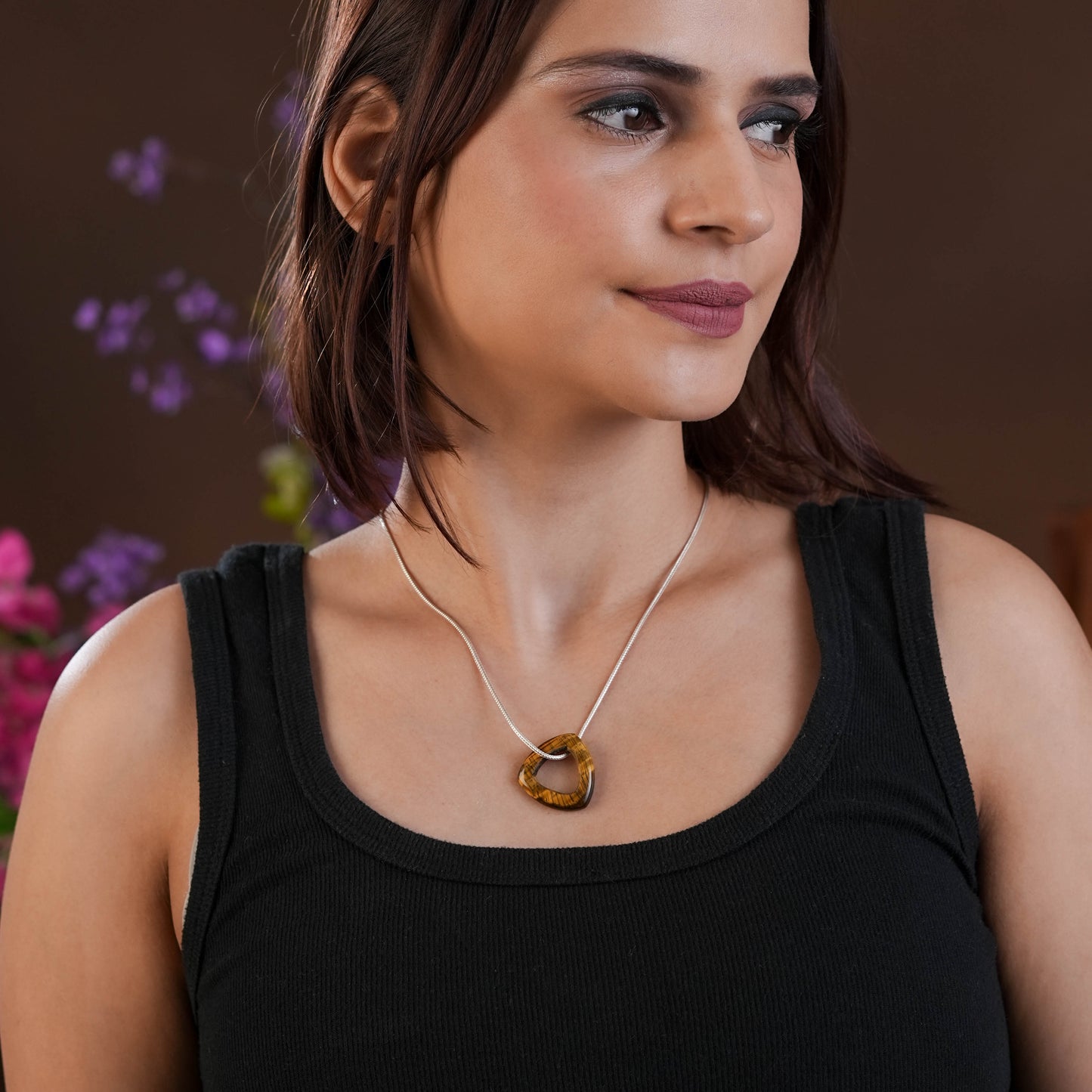 Carved Natural Tiger Stone Triangle Silver Necklace