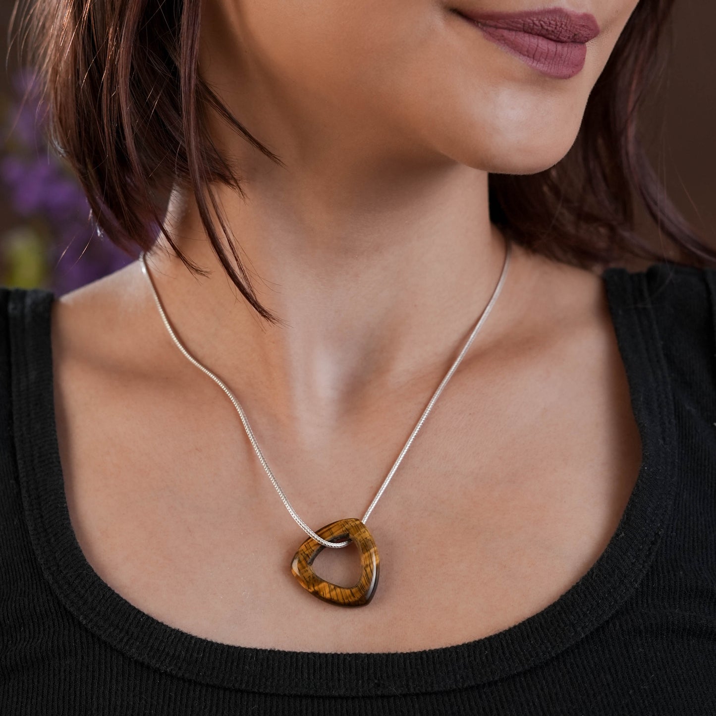 Carved Natural Tiger Stone Triangle Silver Necklace