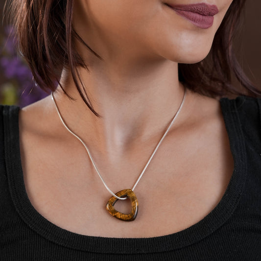 Carved Natural Tiger Stone Triangle Silver Necklace