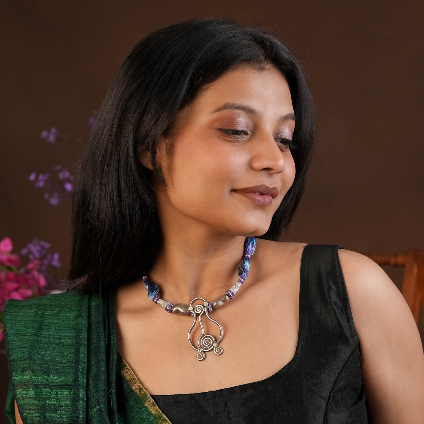 Gypsy Indigo Silk Thread Silver Necklace