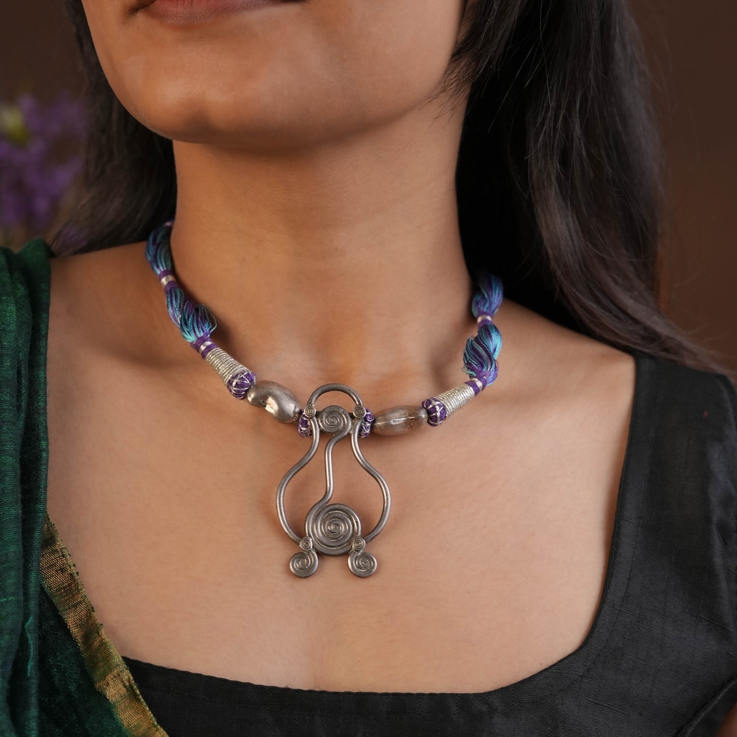 Gypsy Indigo Silk Thread Silver Necklace