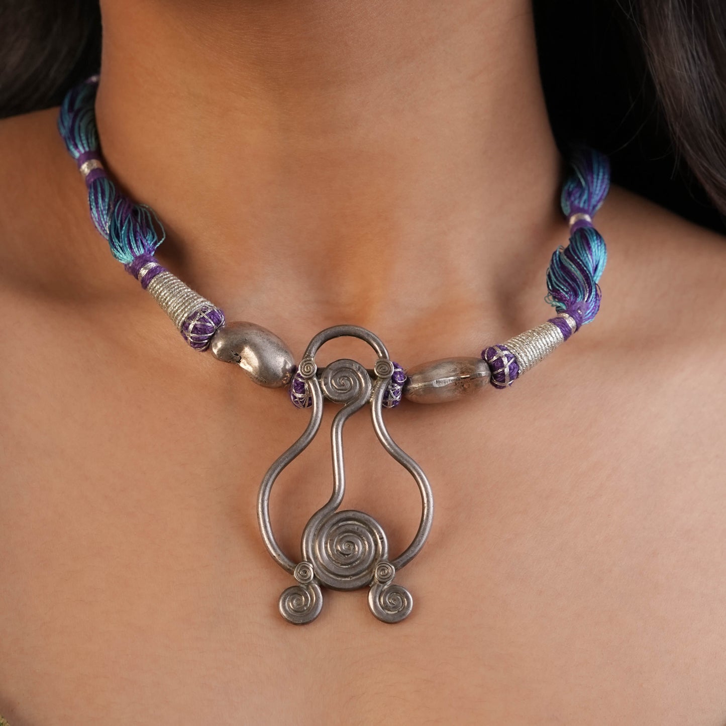 Gypsy Indigo Silk Thread Silver Necklace