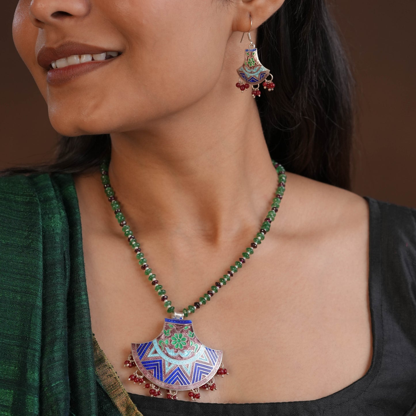 Hand Painted Enamelled Silver Necklace Set