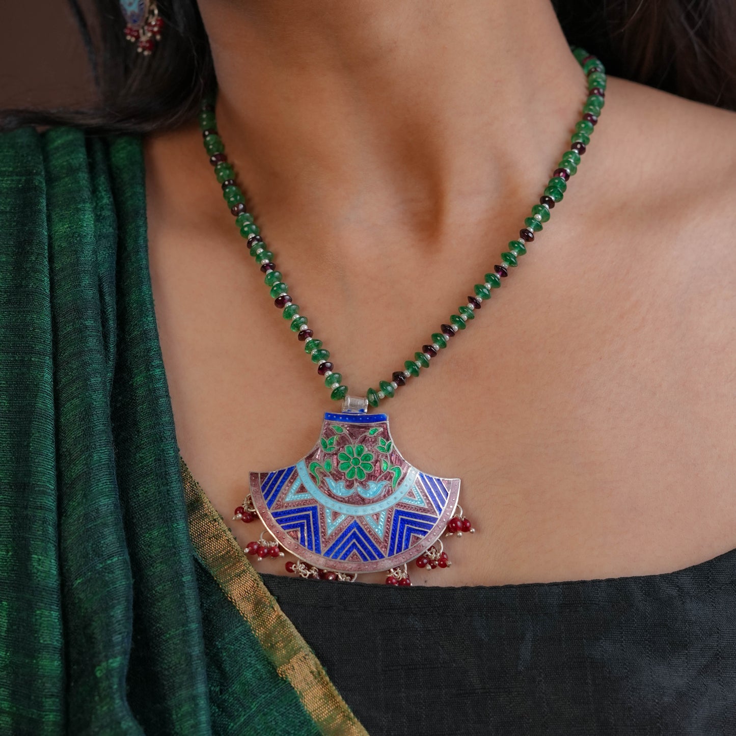 Hand Painted Enamelled Silver Necklace Set