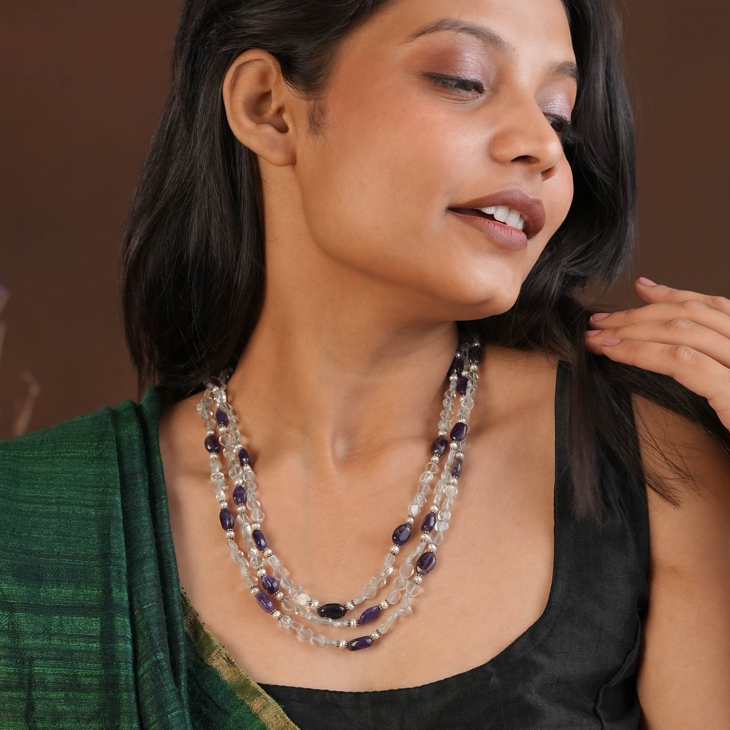 Tri layered Silve Aquamarine Amethyst Necklace