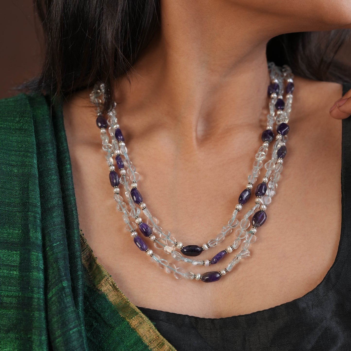 Tri layered Silve Aquamarine Amethyst Necklace