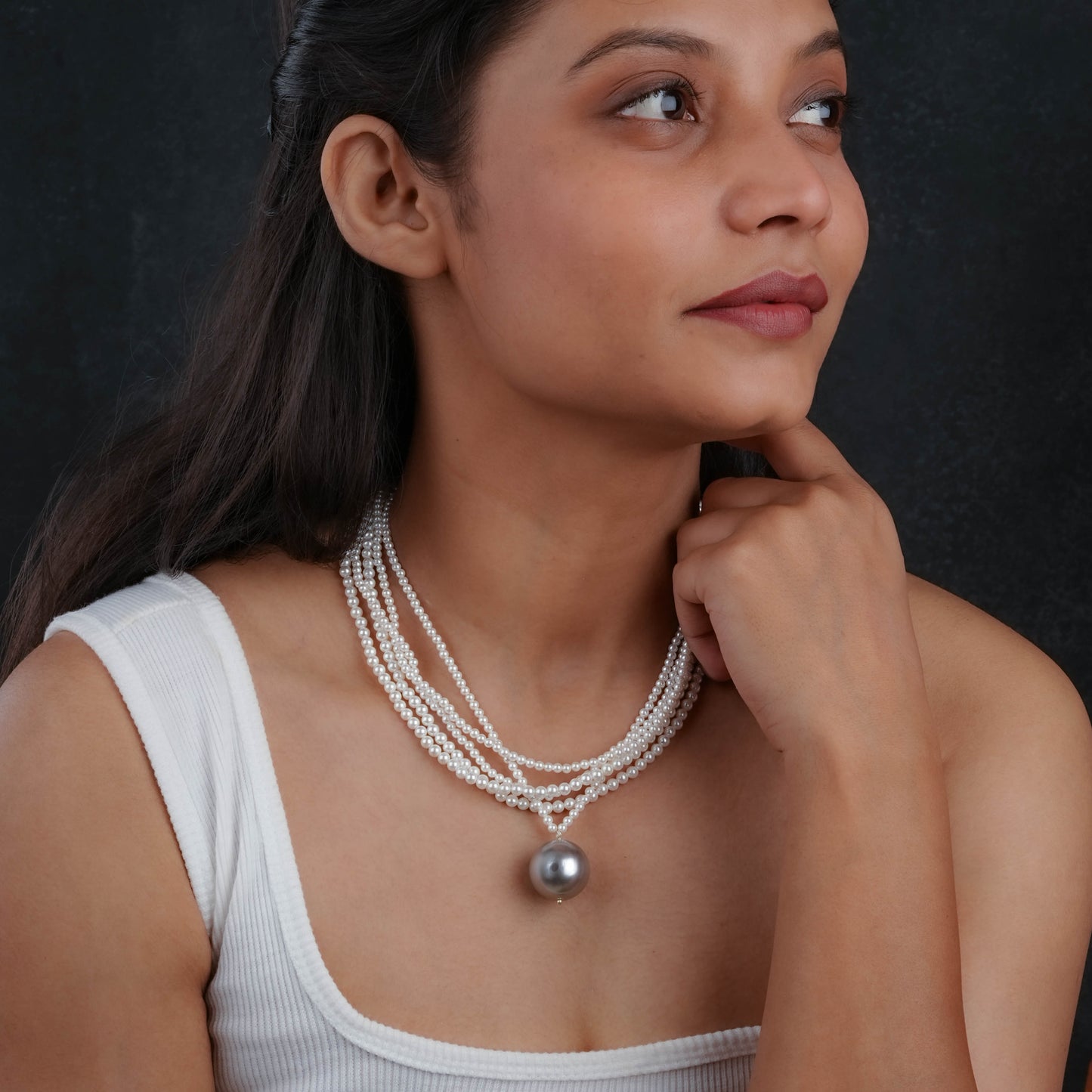 Grey Pearl Drop Multilayer Pearl Strings Necklace