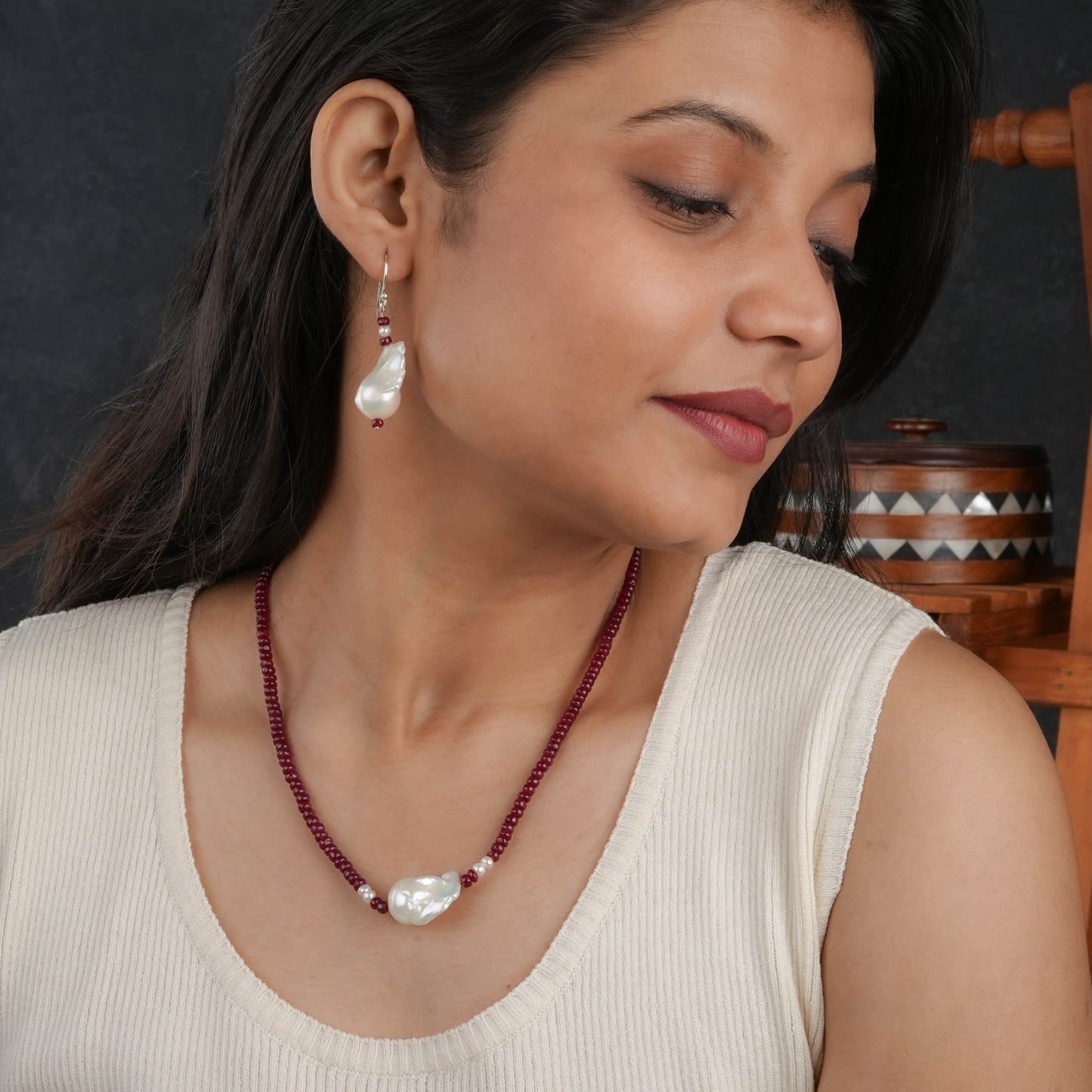 Baroque Pearl and Rubies Necklace Set