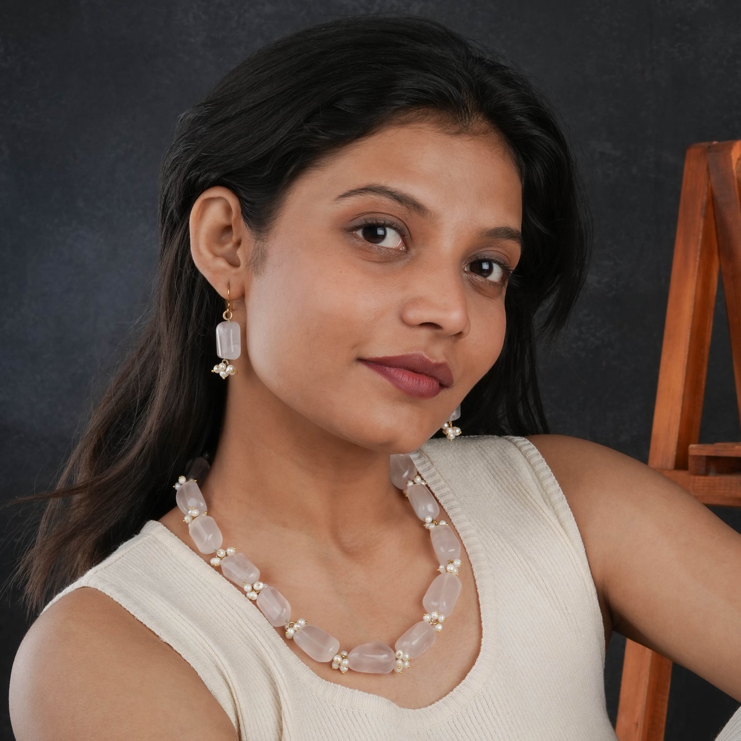 Rose Quartz Tumbles Pearls Necklace Set