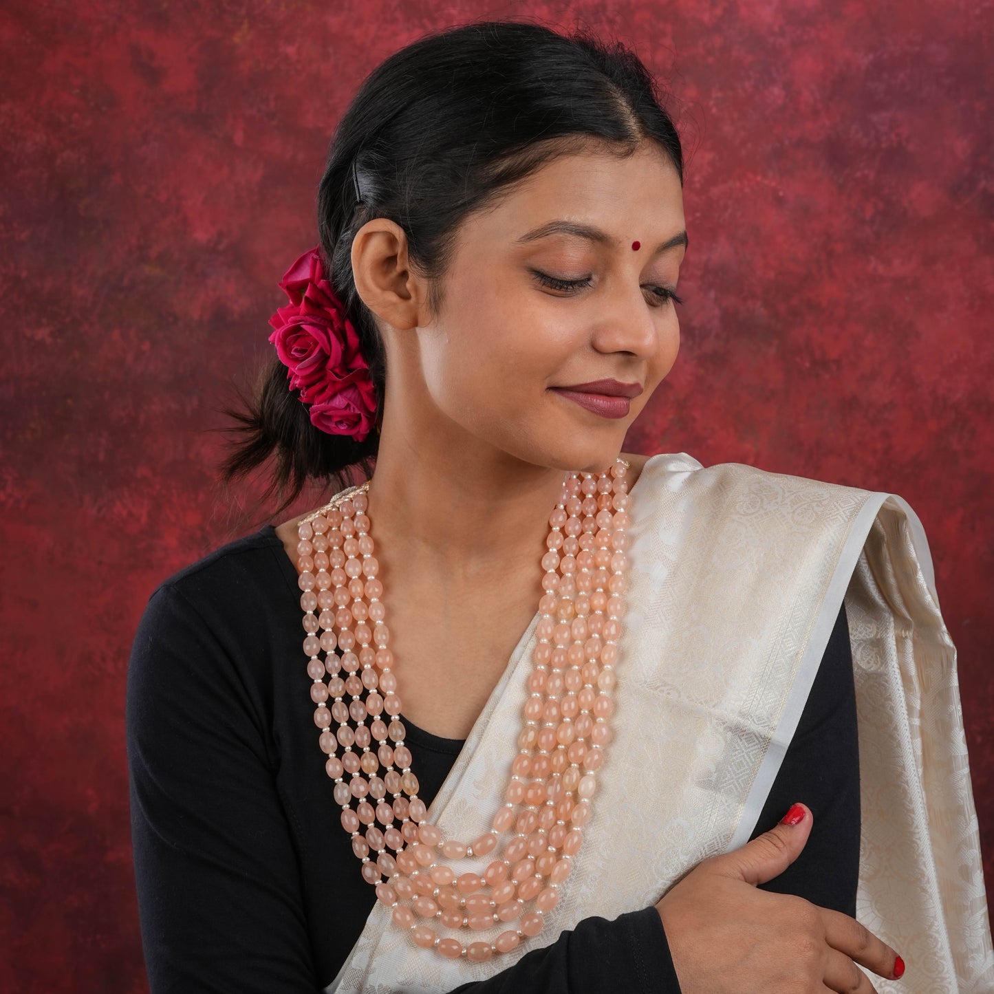 Peach Quartz Stones And Freshwater Pearls Necklace