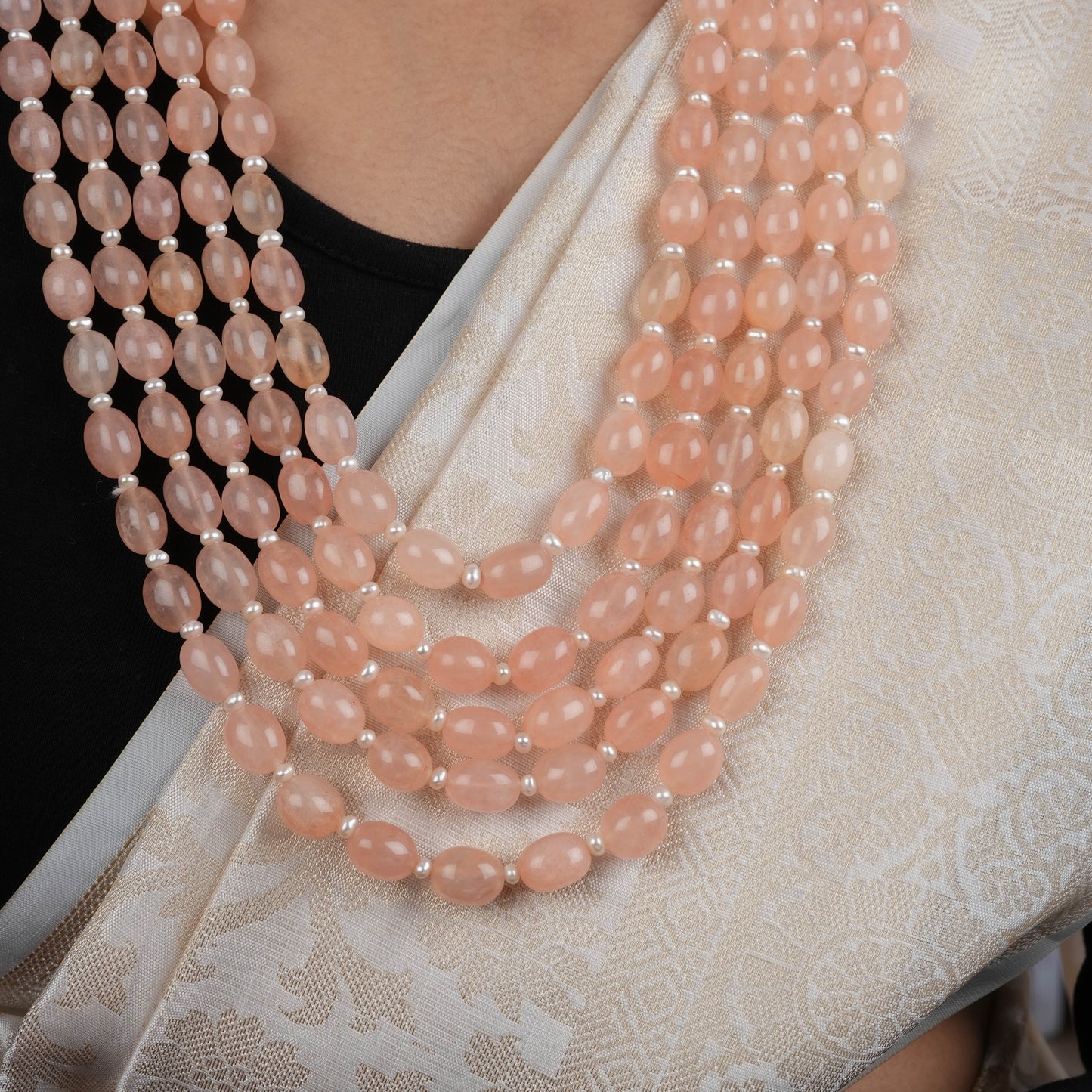 Peach Quartz Stones And Freshwater Pearls Necklace