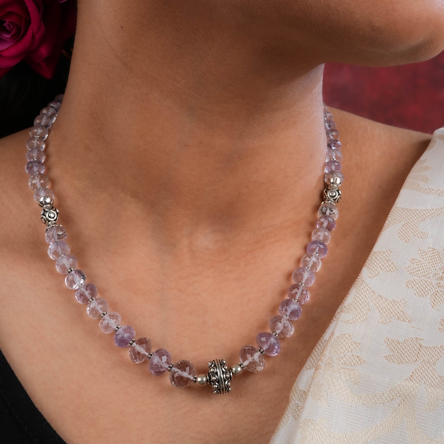 Designer Amethyst Silver Necklace Set In Silver