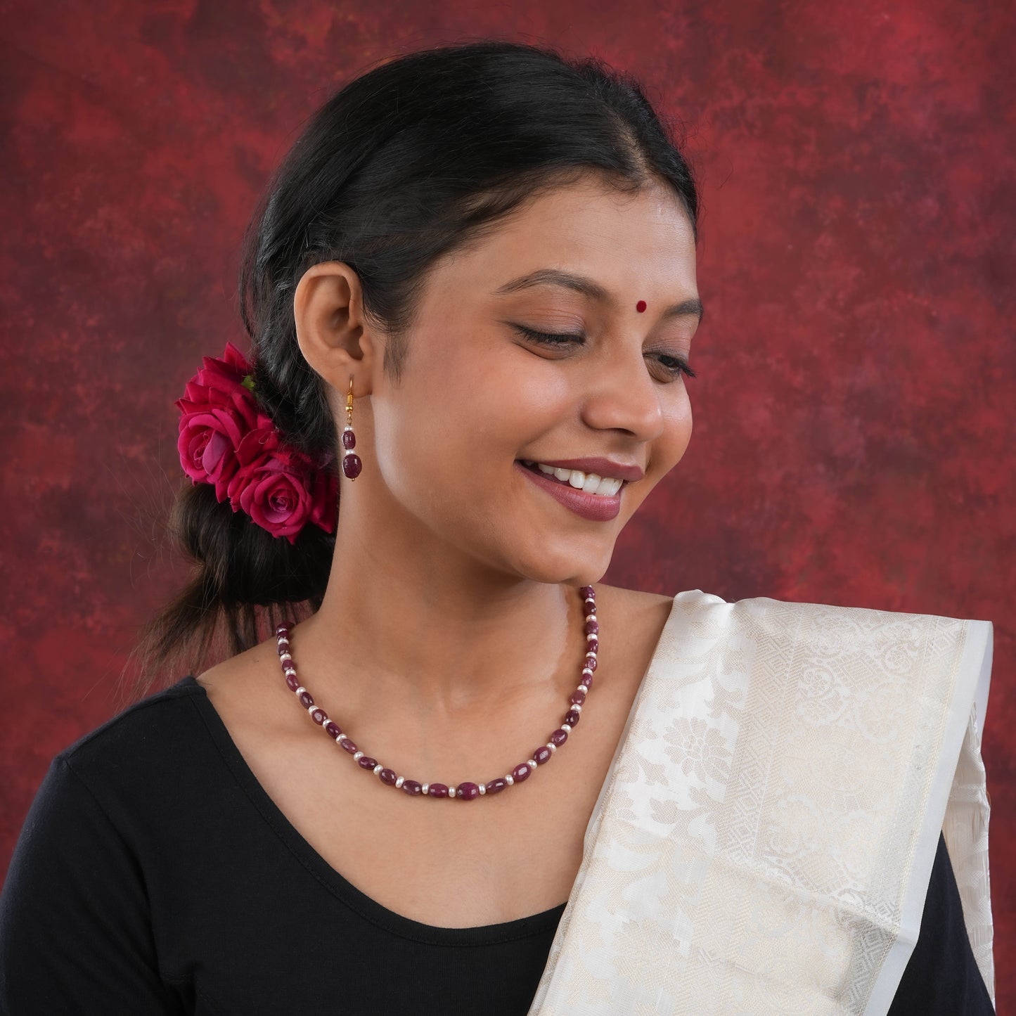 Ruby Quartz Freshwater Pearl Necklace Set