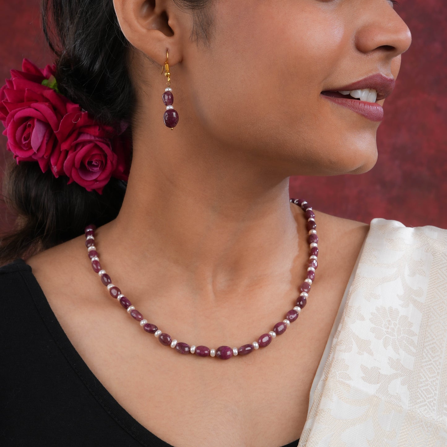 Ruby Quartz Freshwater Pearl Necklace Set