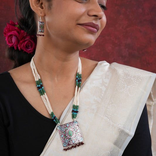 Hand Painted Enamelled Lotus Garden Silver Necklace Set