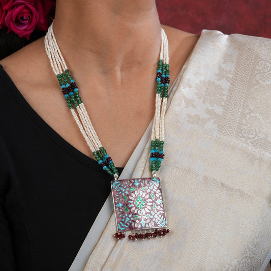 Hand Painted Enamelled Lotus Garden Silver Necklace Set