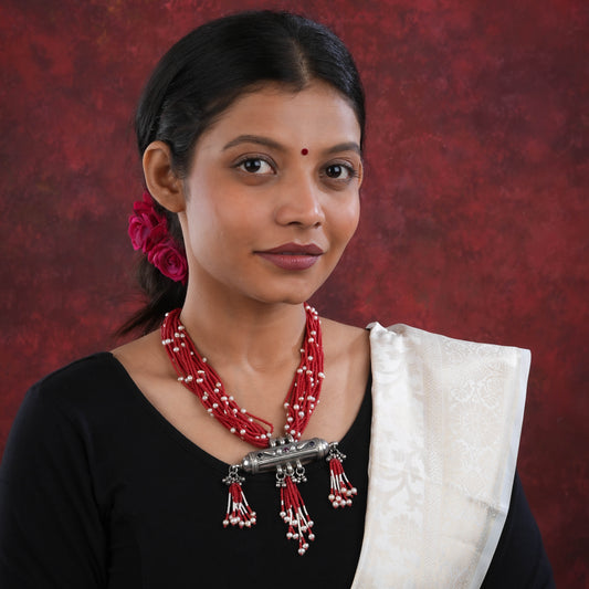 Red Tasseled Pearl And Silver Necklace