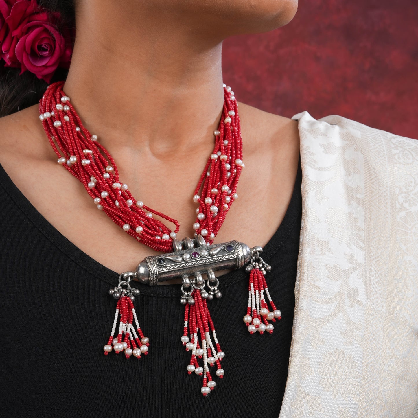 Red Tasseled Pearl And Silver Necklace