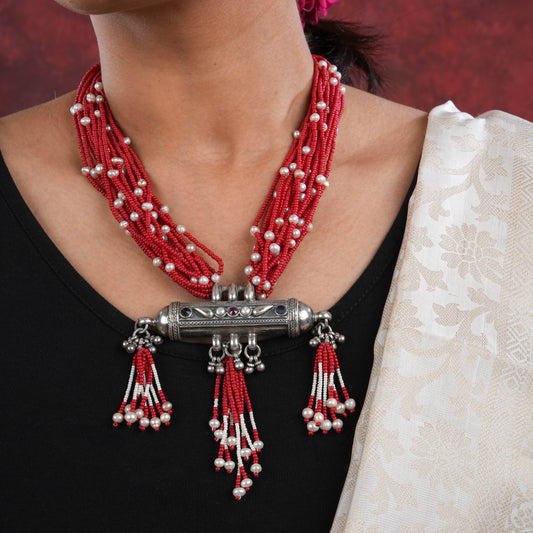 Red Tasseled Pearl And Silver Necklace