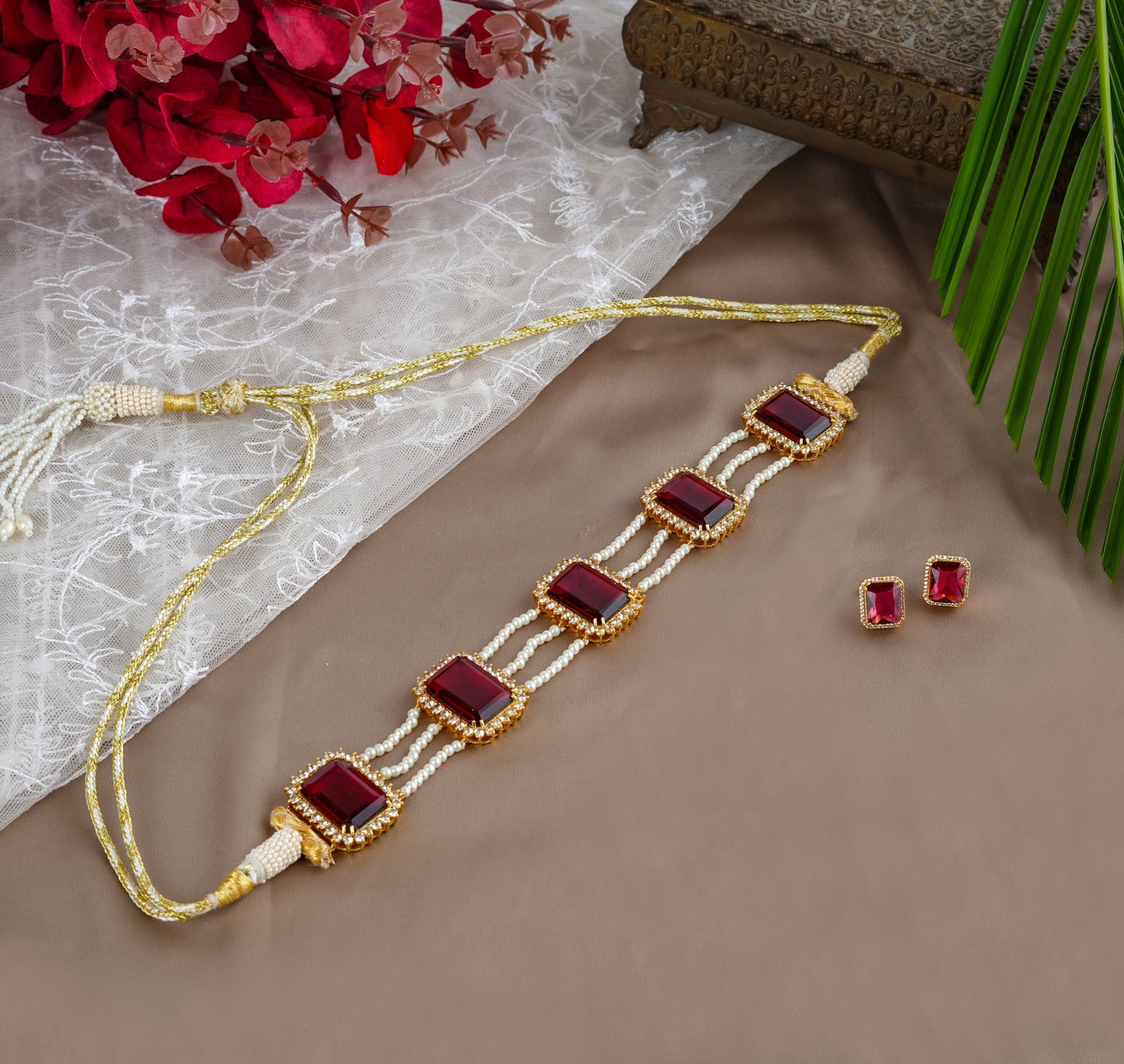 Ruby Diamond Accent Pearl Choker Set