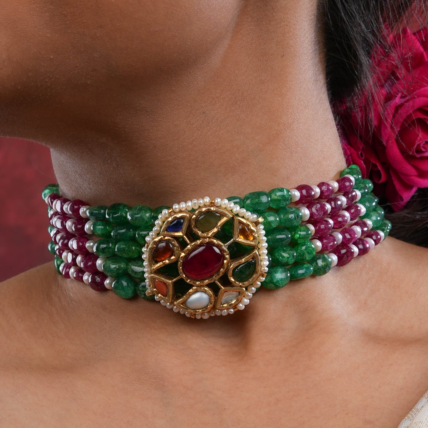 Navratna Gold Plated Silver Choker Set