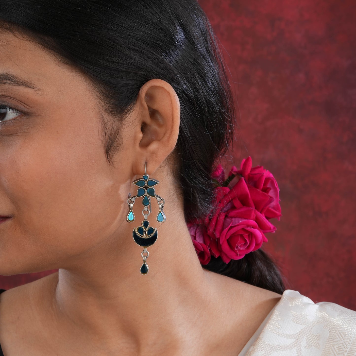 Madhu Chandrika Green Mirrored Silver Danglers