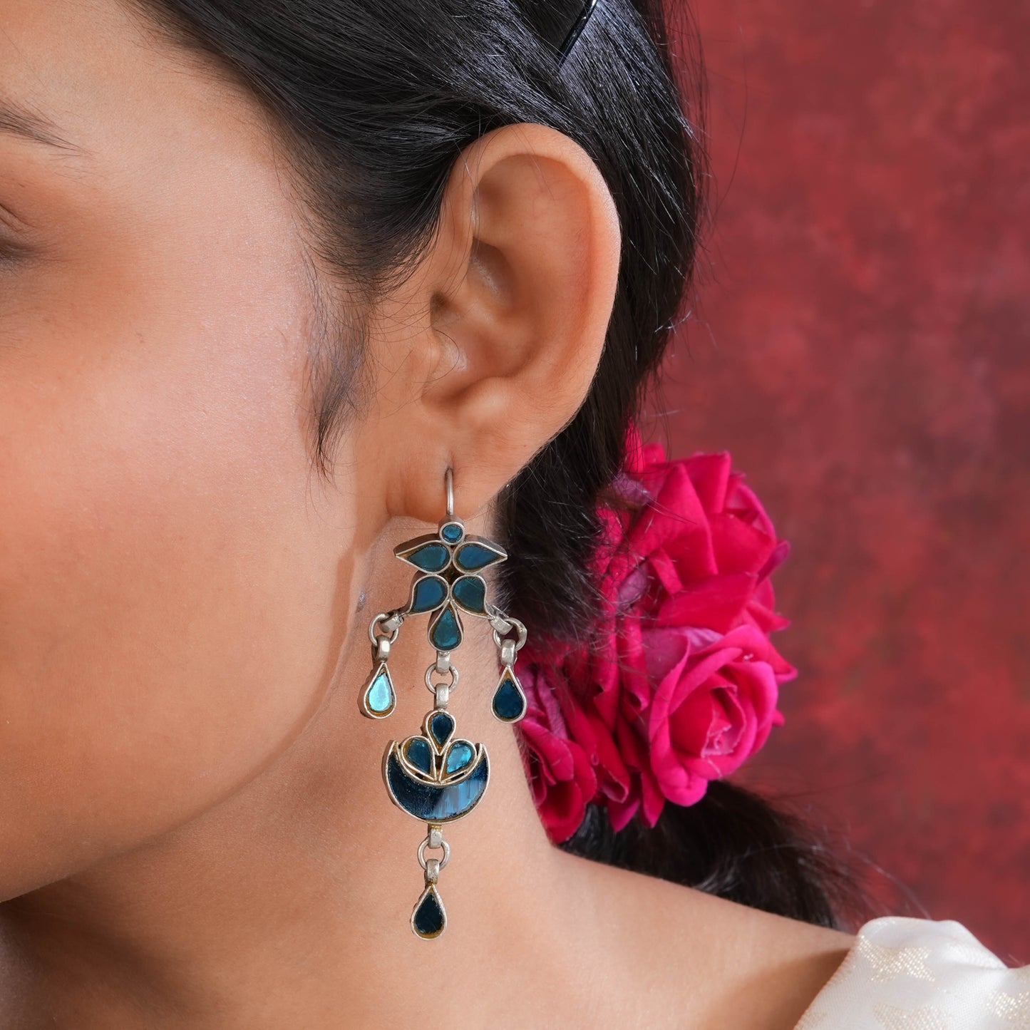 Madhu Chandrika Green Mirrored Silver Danglers