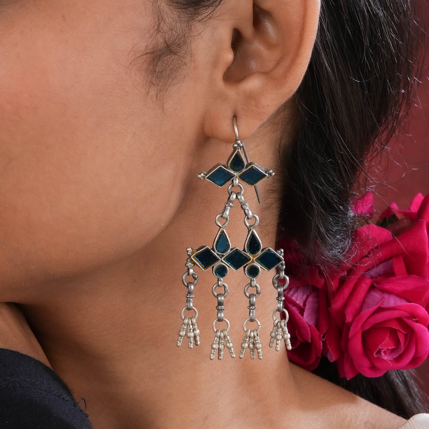 Madhu Chandrika Blue Barfi Silver Danglers