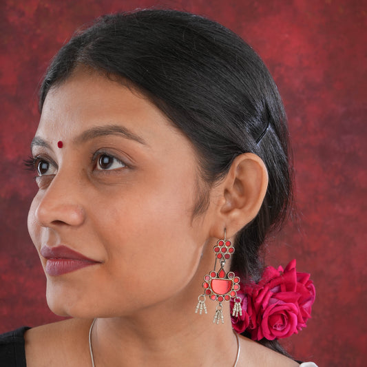 Madhu Chandrika Desert Red Silver Mirror Earrings