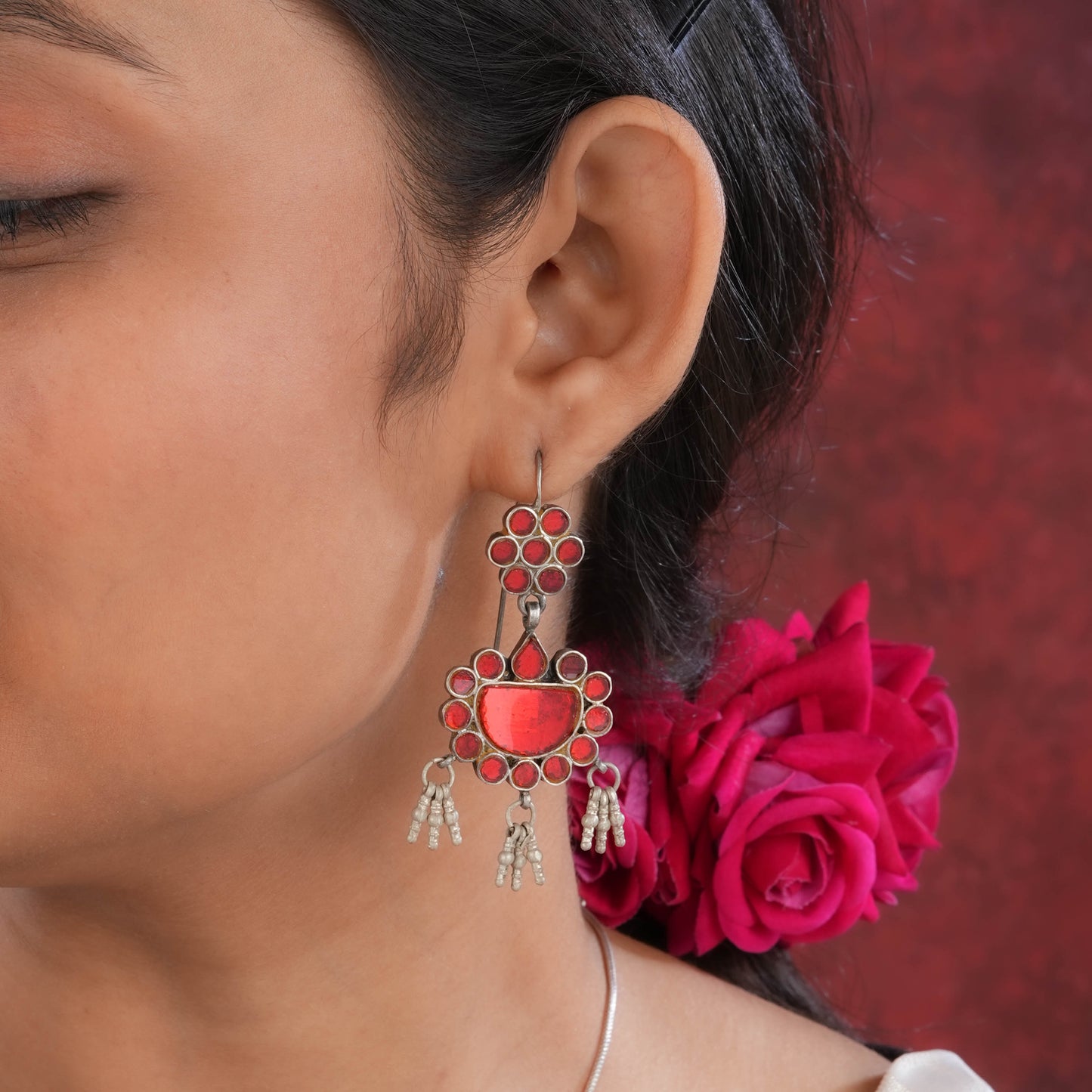 Madhu Chandrika Desert Red Silver Mirror Earrings