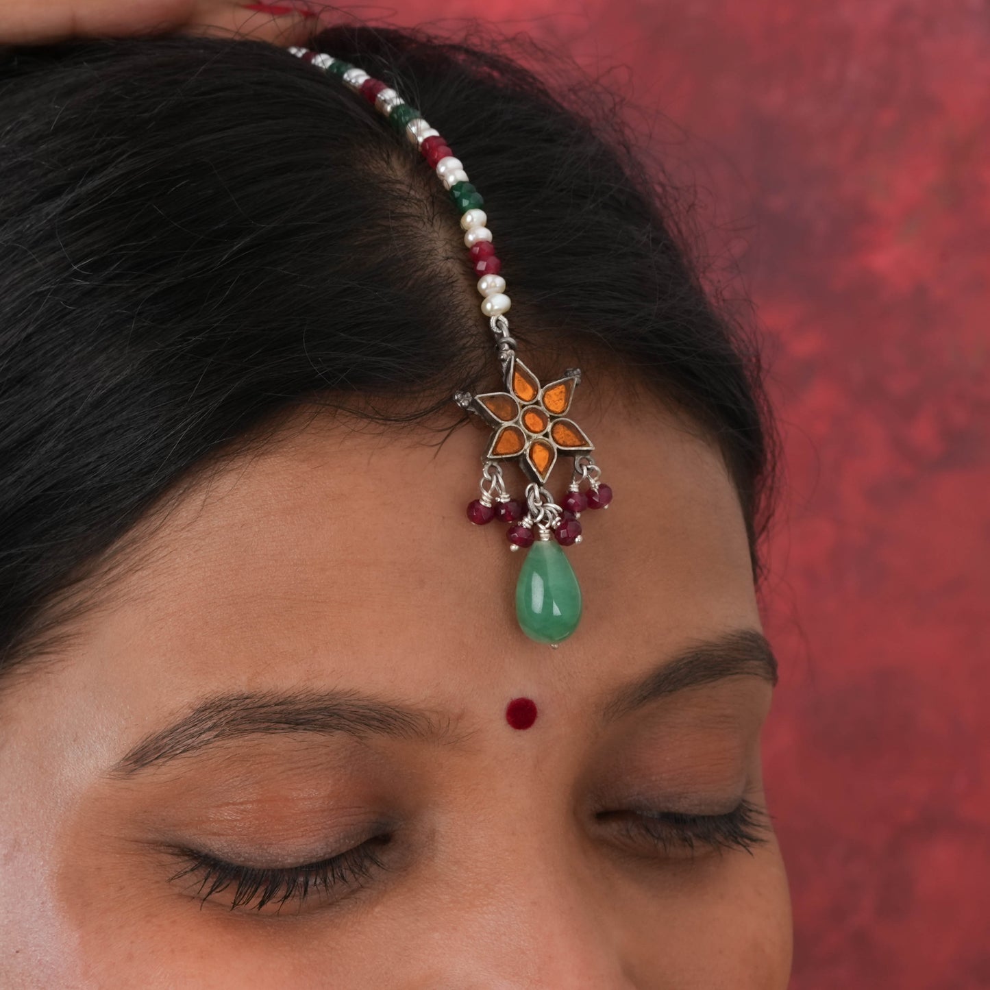 Madhu Chandrika Multi Stone Silver Maang Tikka