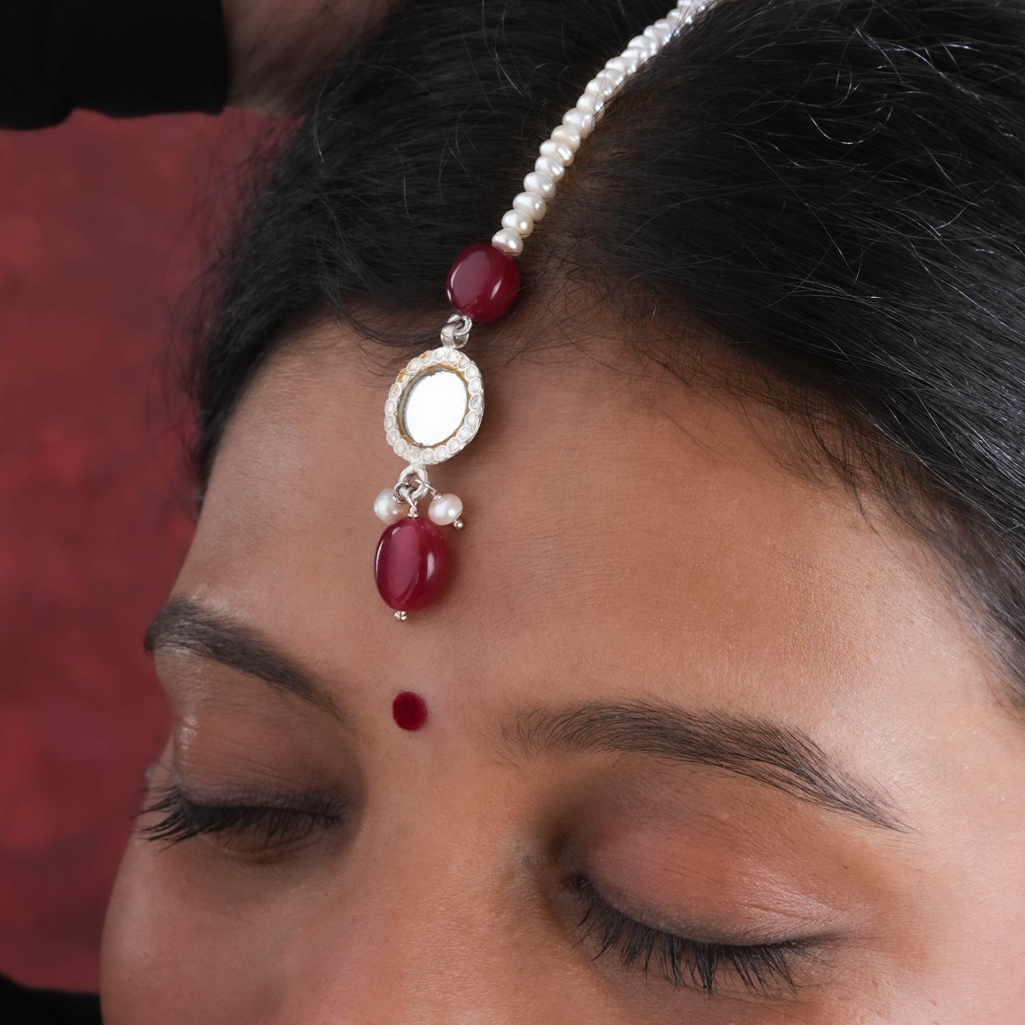 Madhu Chandrika Mirror Pearl Silver Maang Tikka