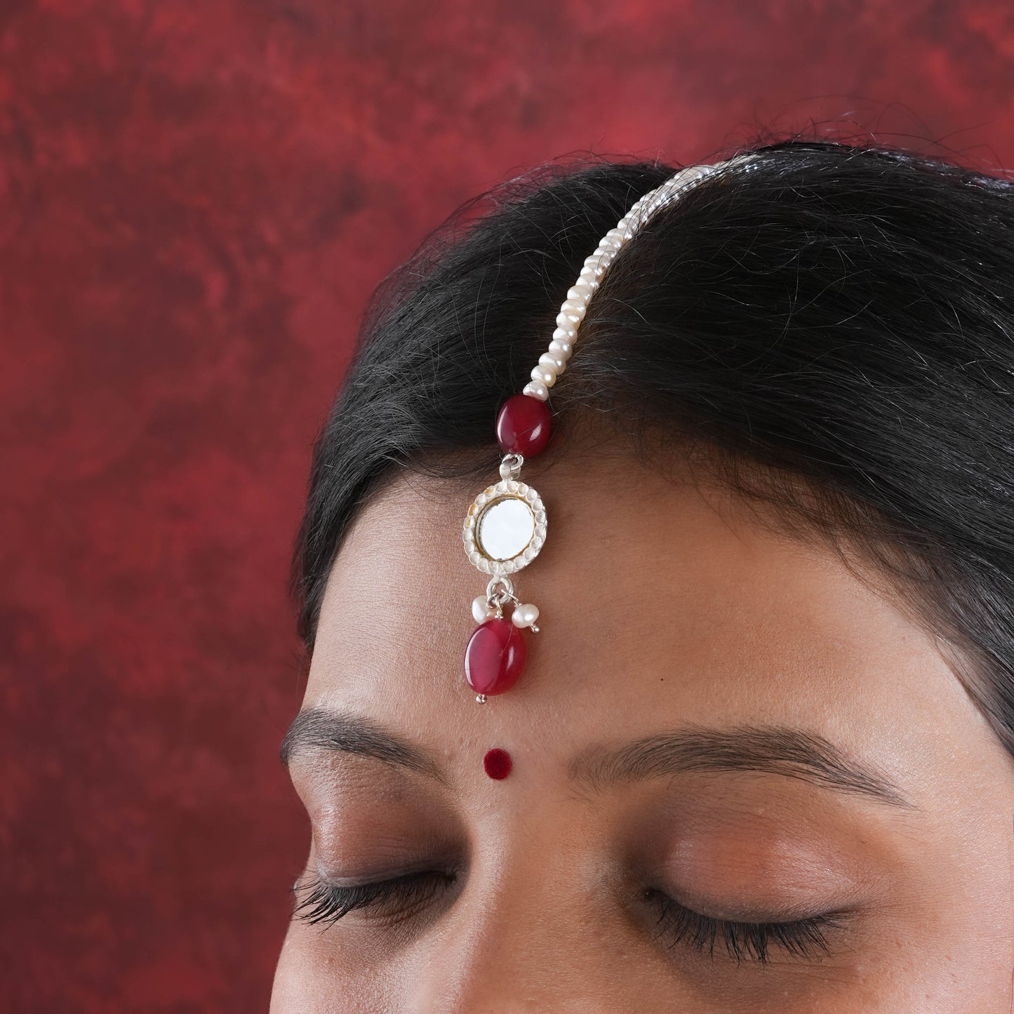 Madhu Chandrika Mirror Pearl Silver Maang Tikka