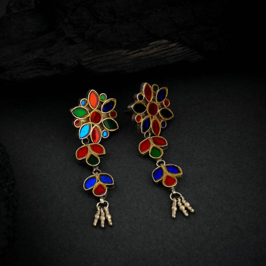 Madhu Chandrika Multi Mirror Flower Silver Earrings