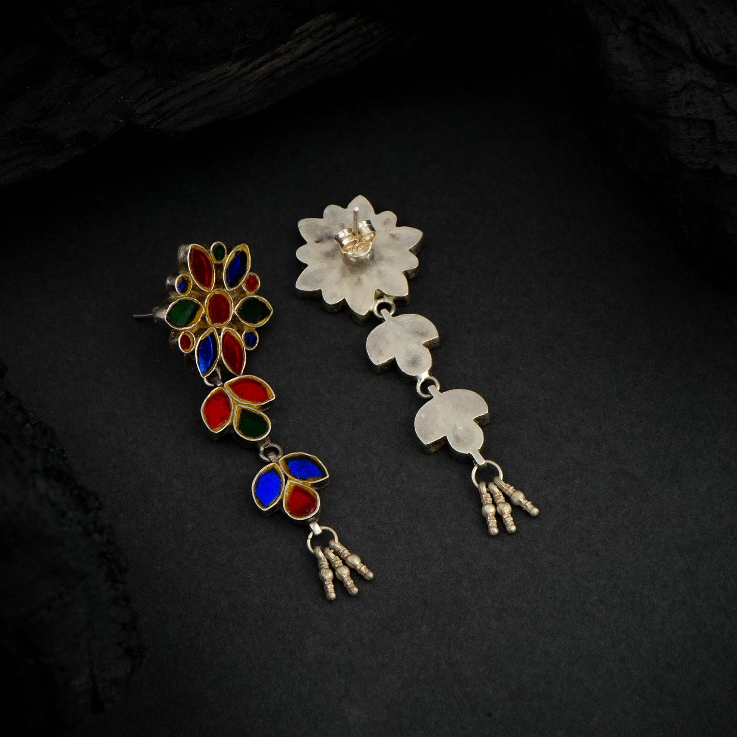 Madhu Chandrika Multi Mirror Flower Silver Earrings