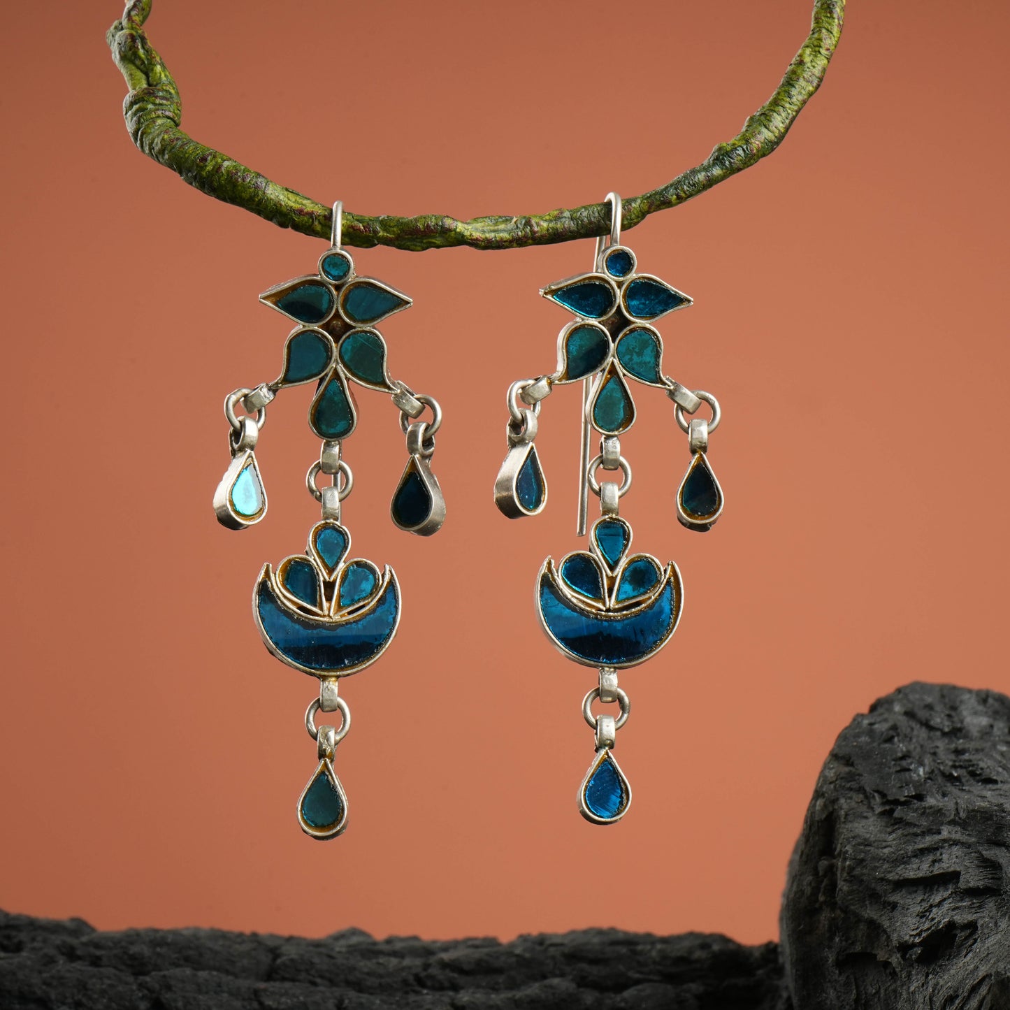 Madhu Chandrika Green Mirrored Silver Danglers