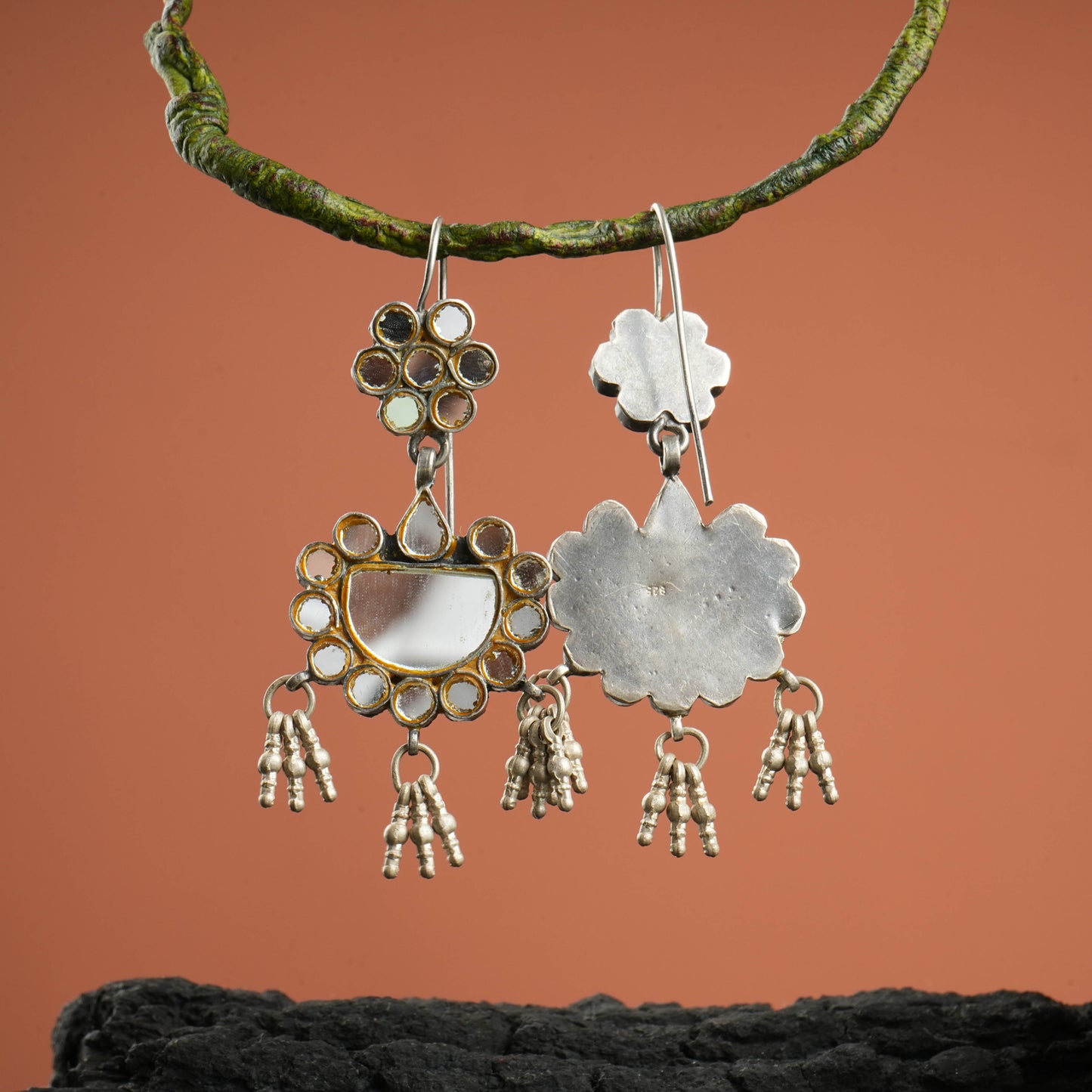 Madhu Chandrika Half Moon Mirror Silver Earrings