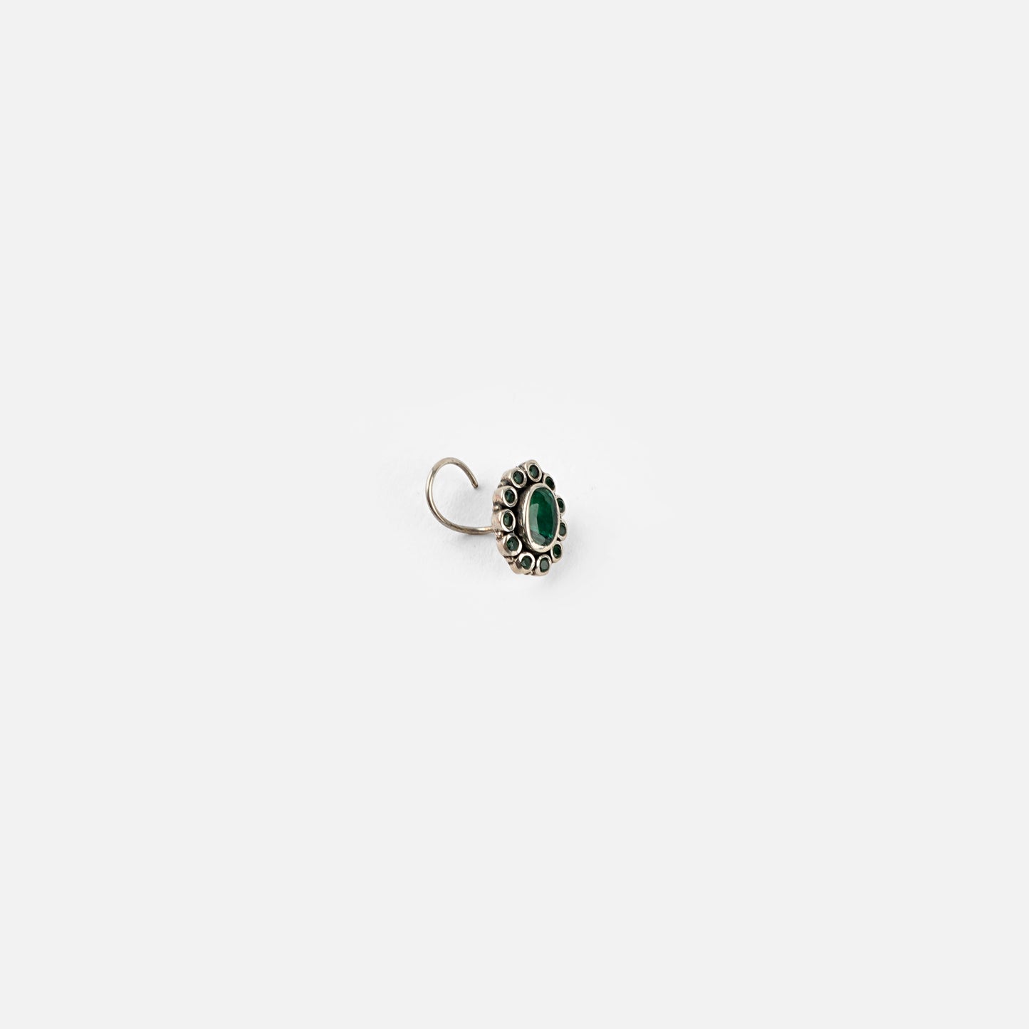 Green Aura Green Stones Silver Nose Pin