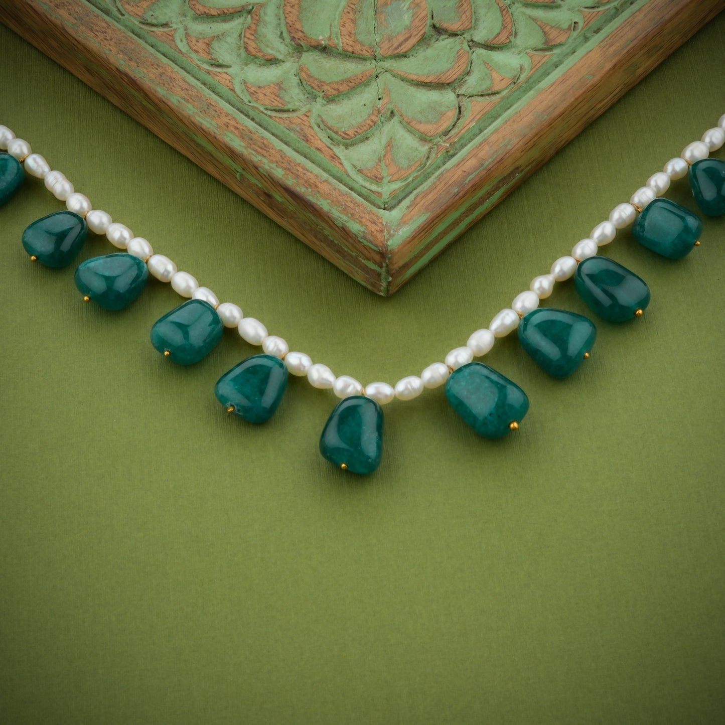 Pearl And Tumbled Green Onyx Necklace