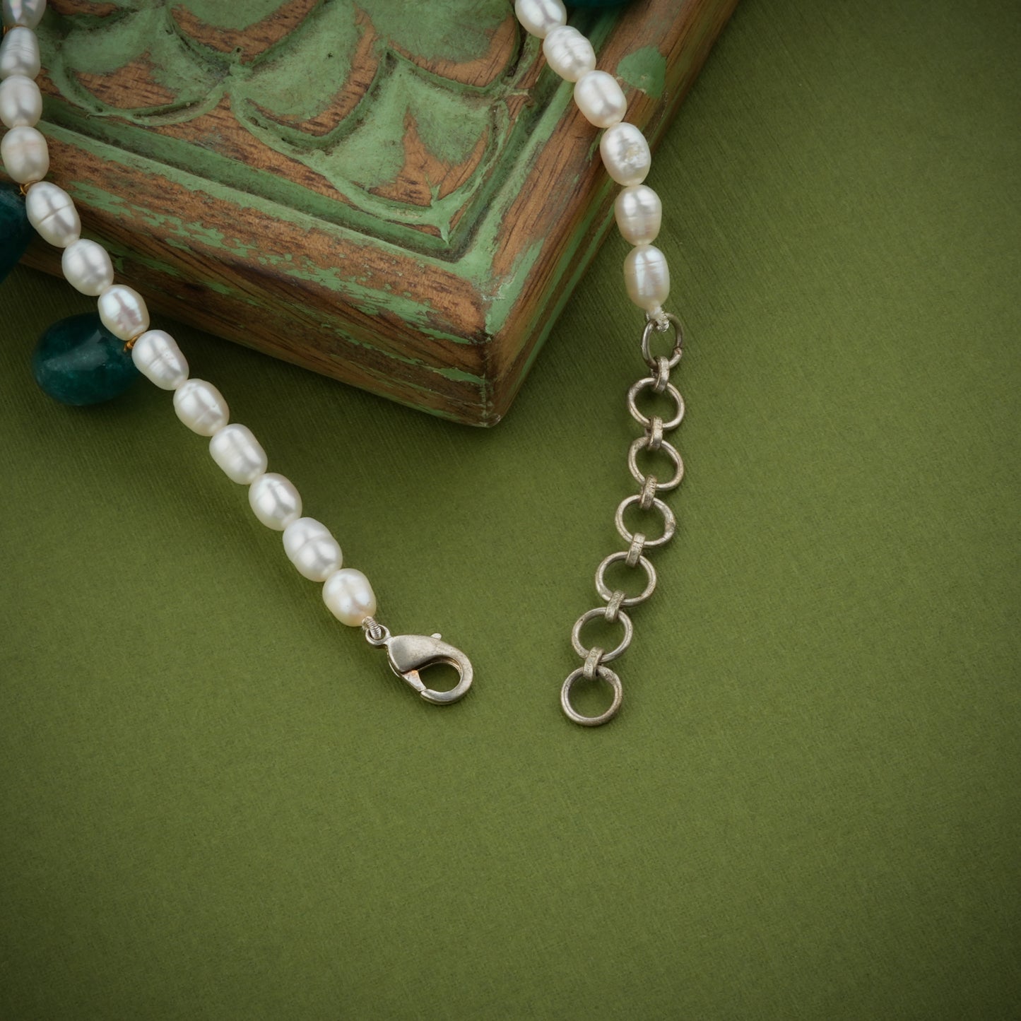 Pearl And Tumbled Green Onyx Necklace