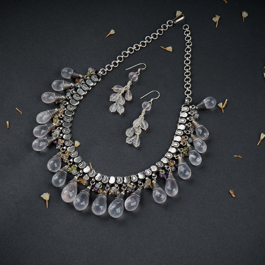 Divine Blush Rose Quartz Drops Silver Necklace Set