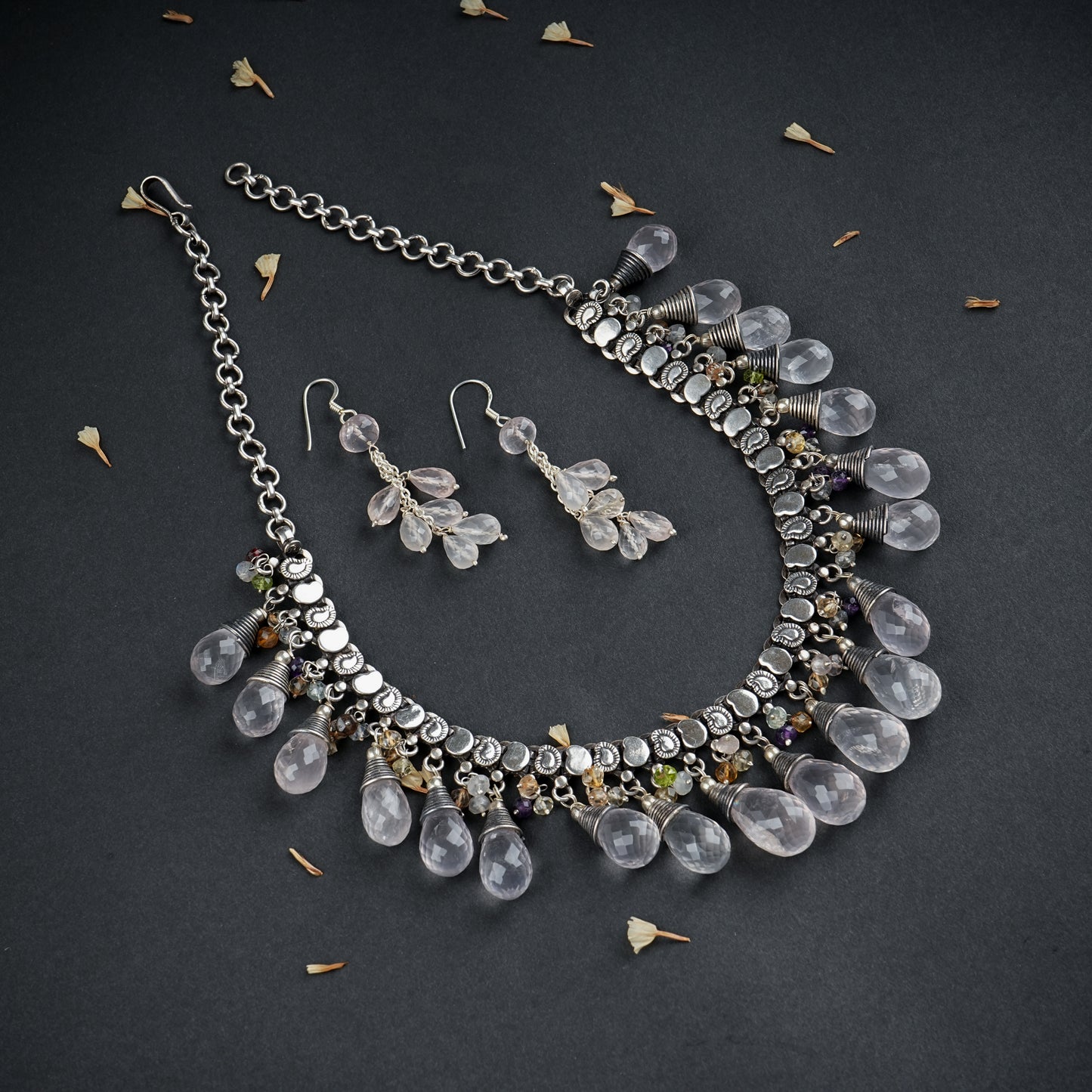 Divine Blush Rose Quartz Drops Silver Necklace Set