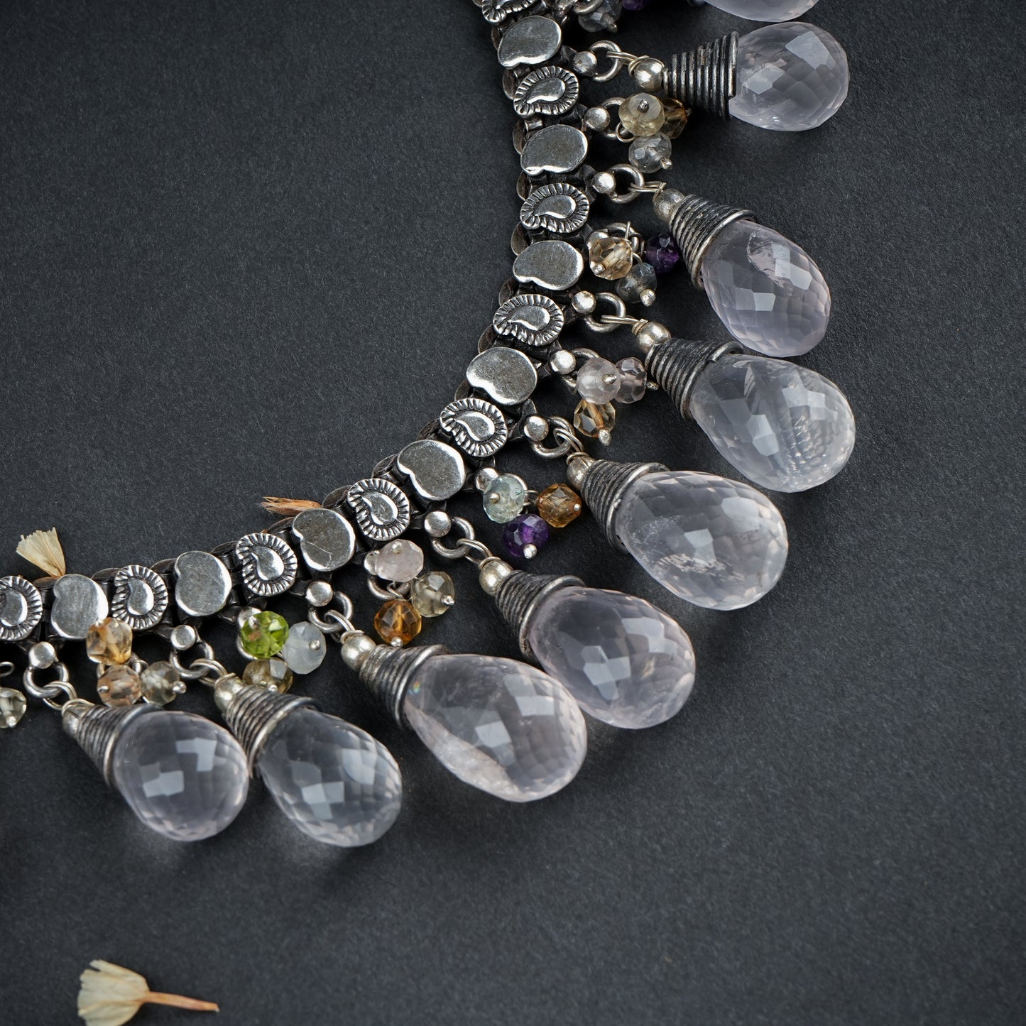 Divine Blush Rose Quartz Drops Silver Necklace Set