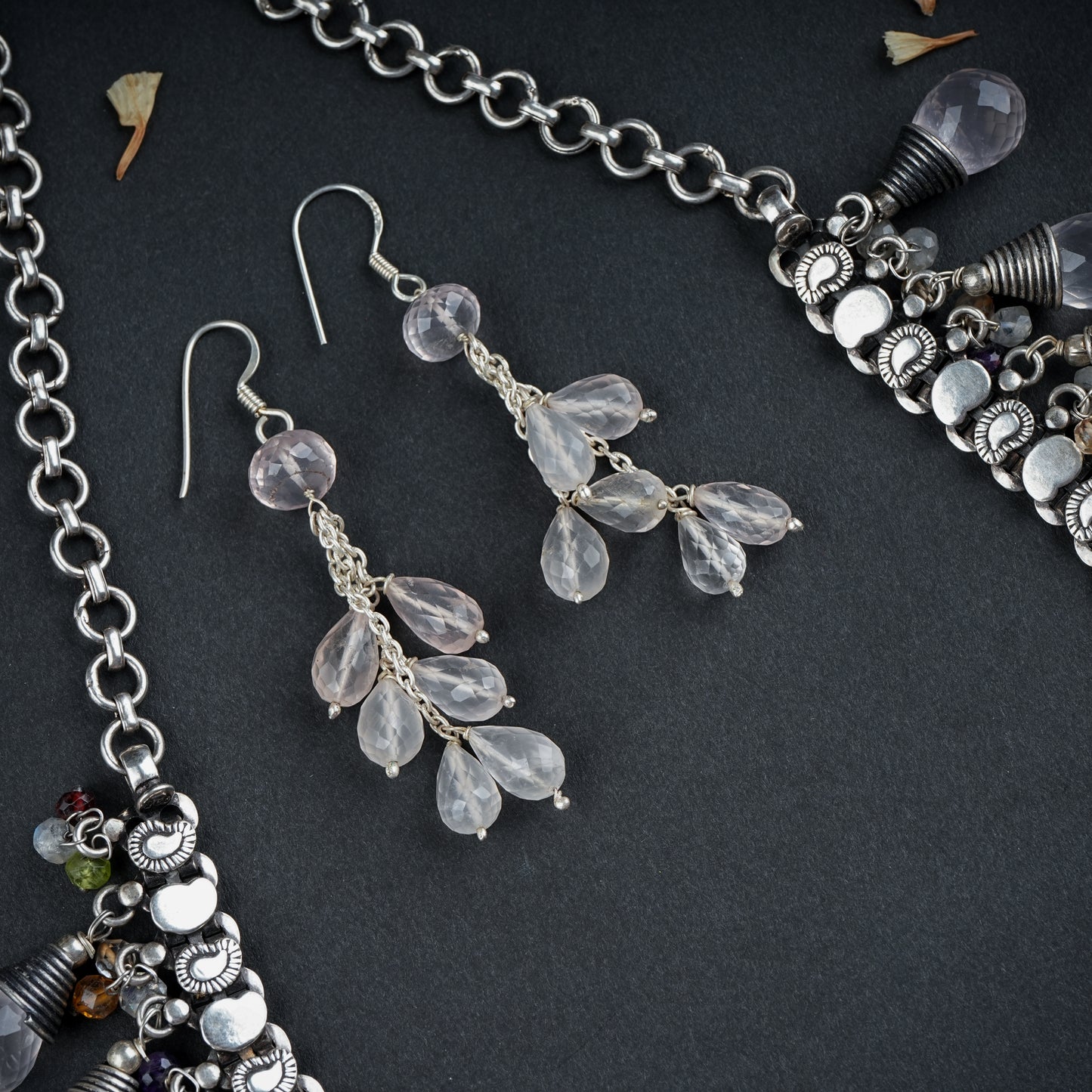 Divine Blush Rose Quartz Drops Silver Necklace Set