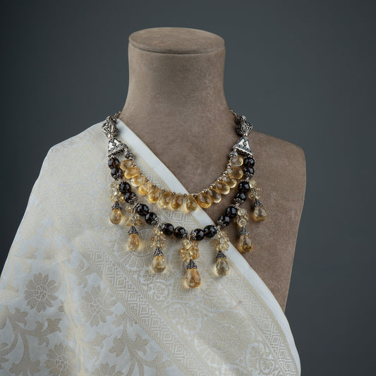 Smoky Quartz Citrine Silver Dual Layer Necklace Set